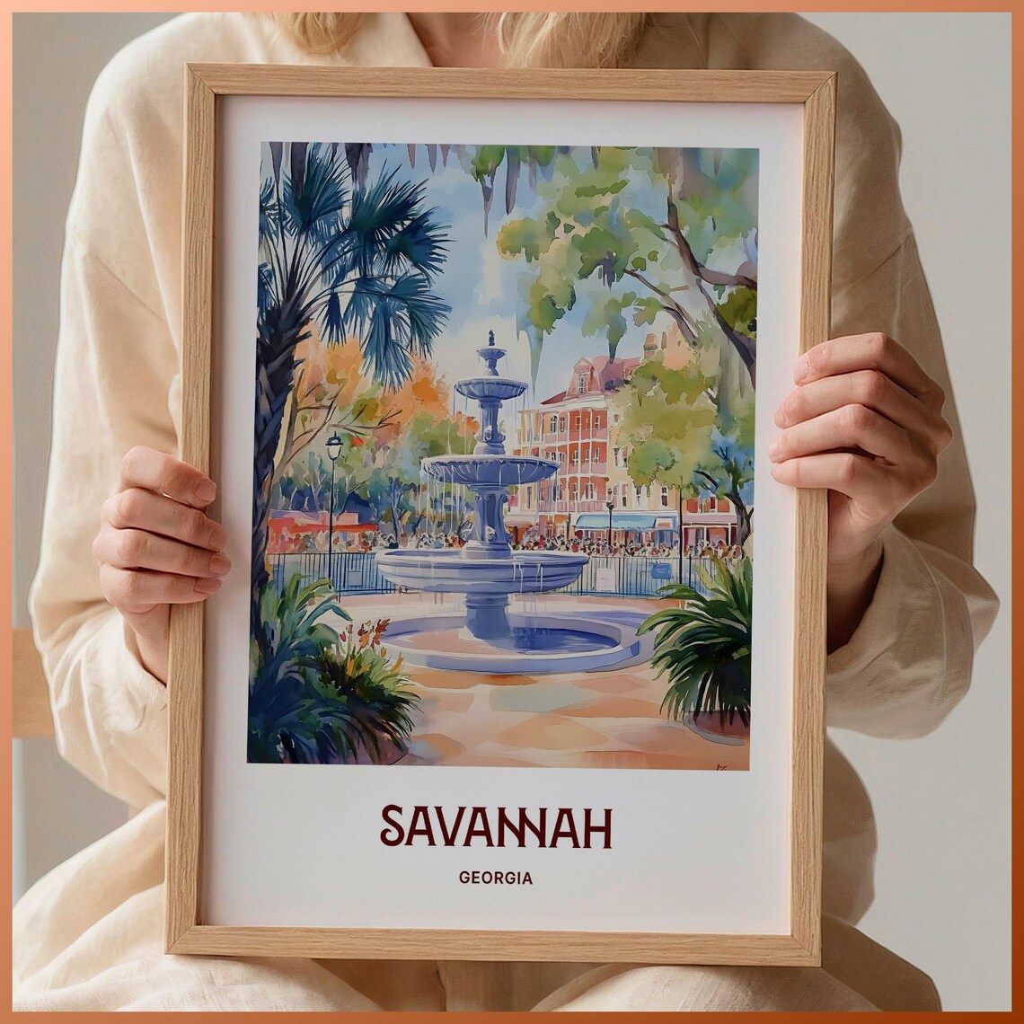 Savannah Georgia Watercolor Forsyth Fountain Palms Square Travel Poster