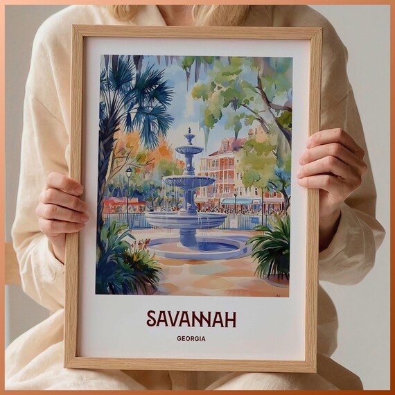 Savannah Georgia Watercolor Forsyth Fountain Palms Square Travel Poster