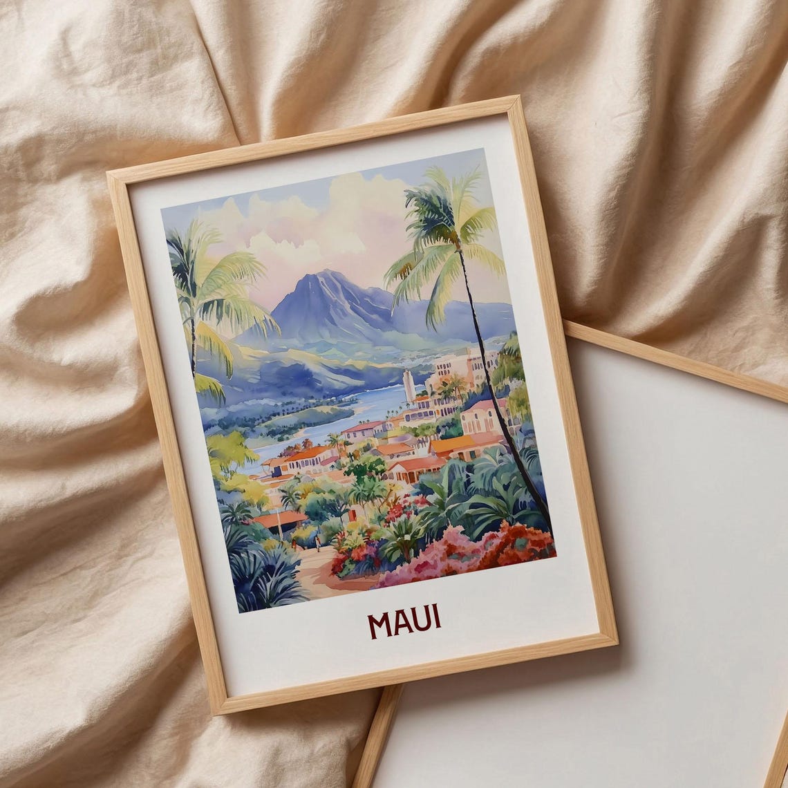 Maui Hawaii Island Volcano Mountain Coast Pastel Watercolor Poster - Image 3