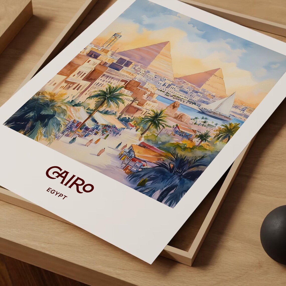 Cairo Egypt Pyramids Nile Felucca Market Watercolor Travel Poster - Image 2