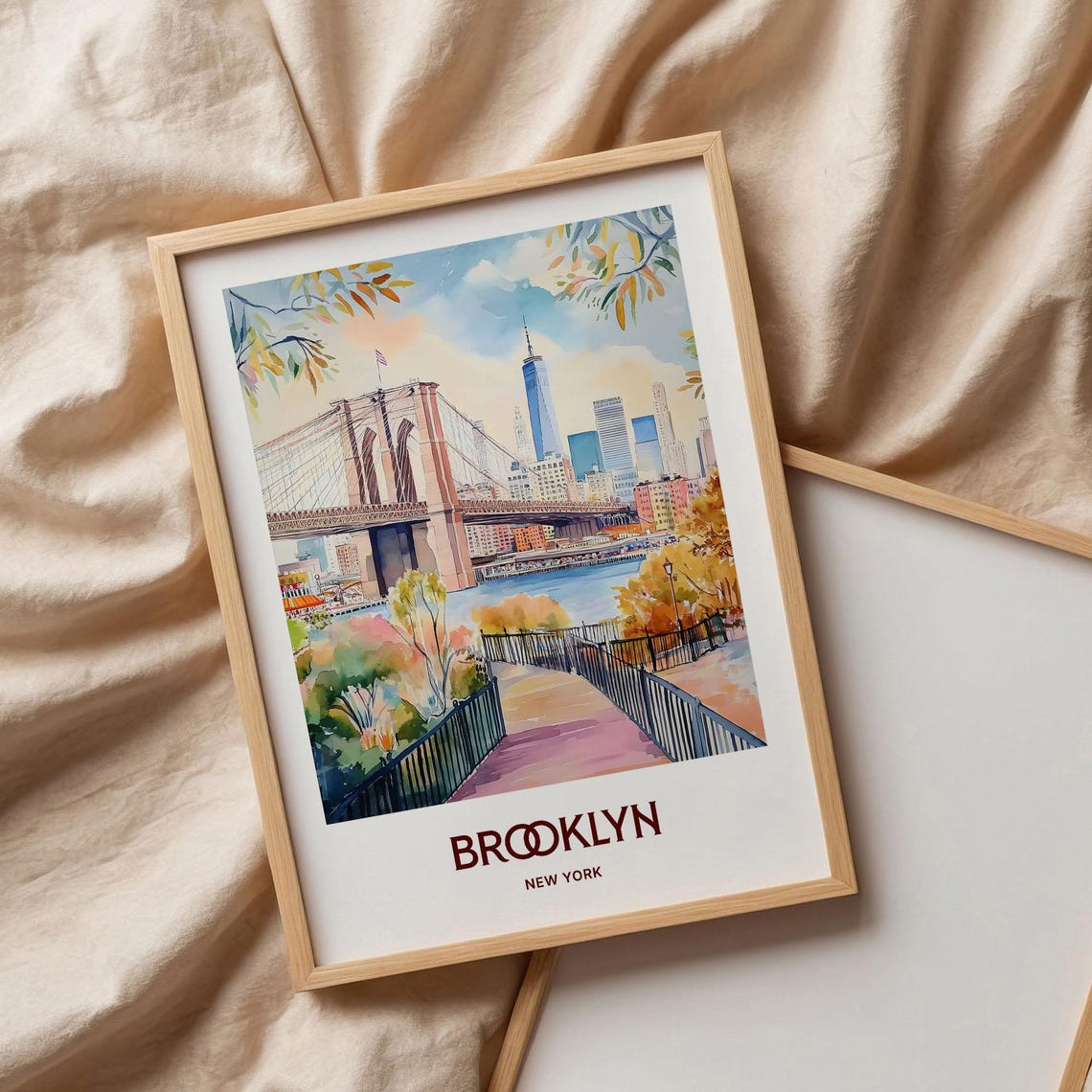 Brooklyn Bridge Manhattan Skyline Watercolor New York Travel Poster - Image 3