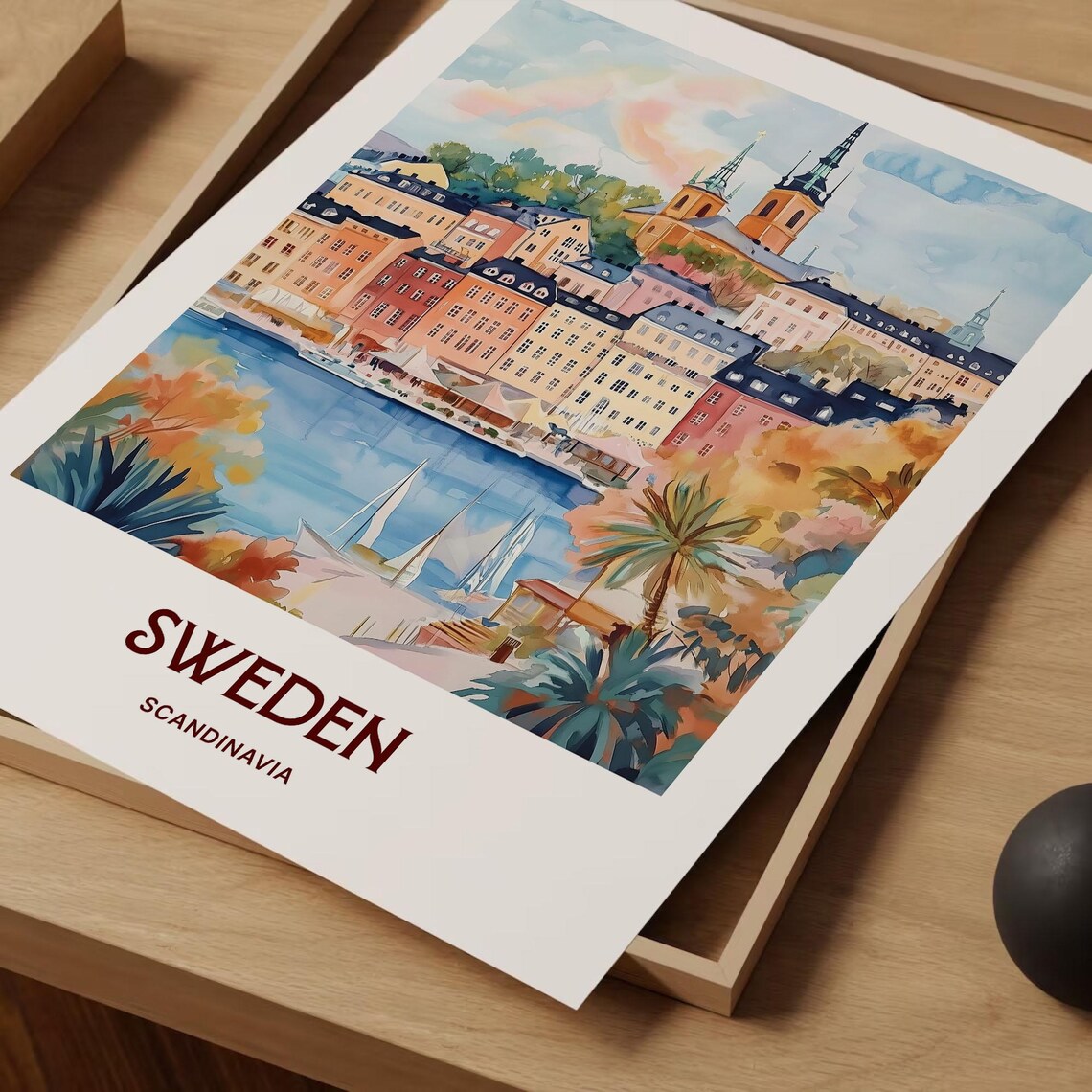 Sweden Stockholm Old Town Sailboat Harbor Pastel Watercolor Poster - Image 2