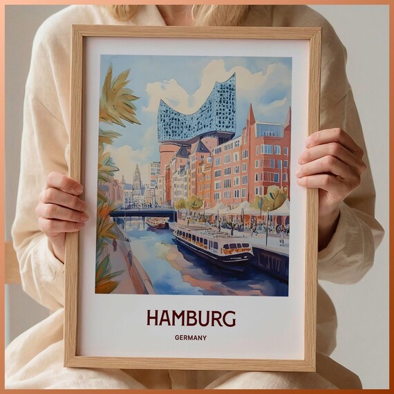 Hamburg Germany Elbphilharmonie Harbor Canal Pastel Travel Poster