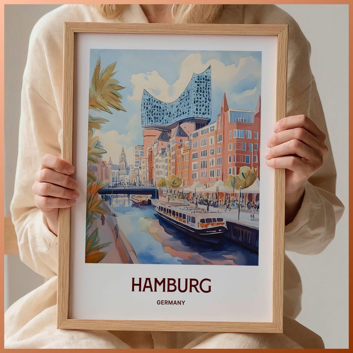 Hamburg Germany Elbphilharmonie Harbor Canal Pastel Travel Poster