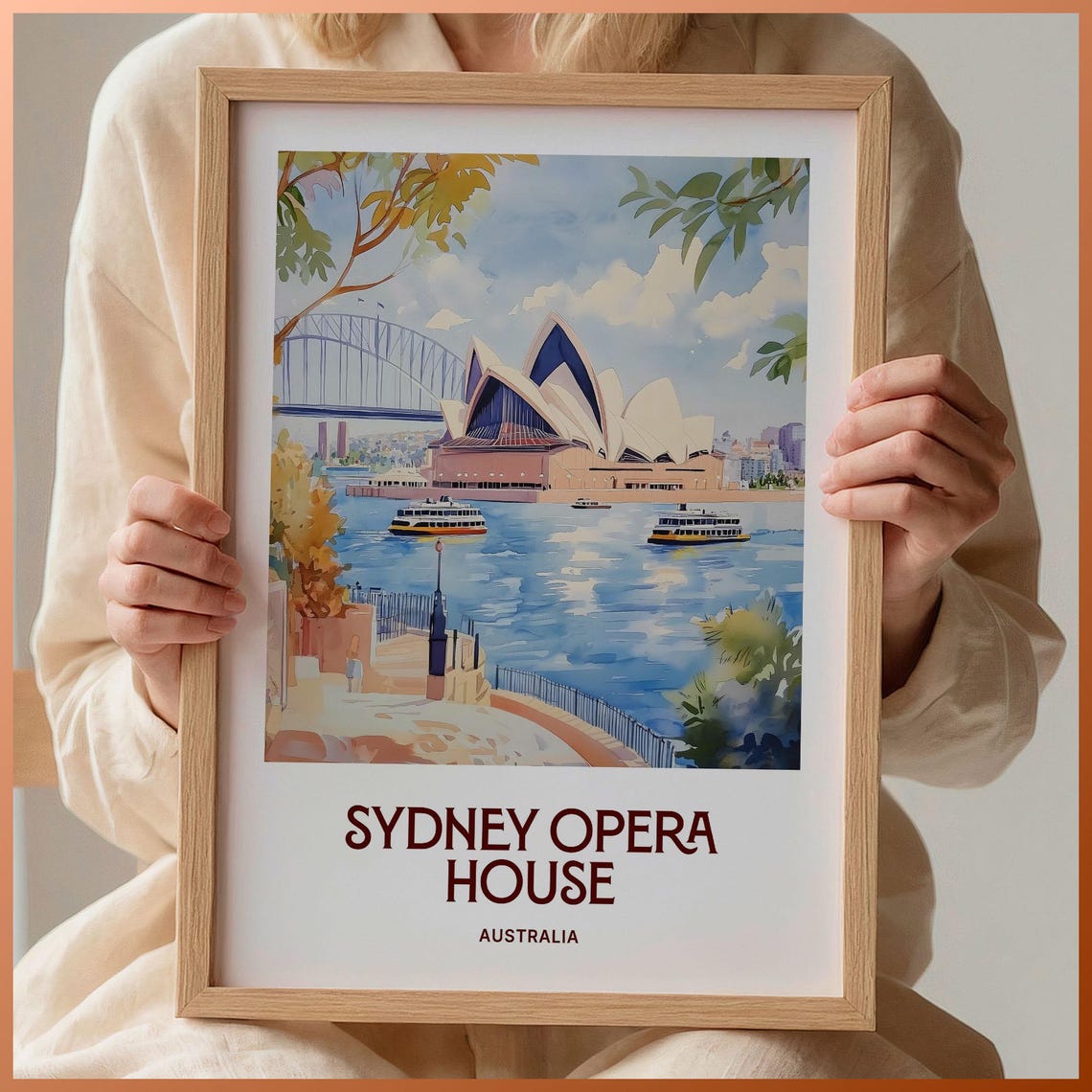 Sydney Opera House Harbour Bridge Watercolor Travel Poster Australia