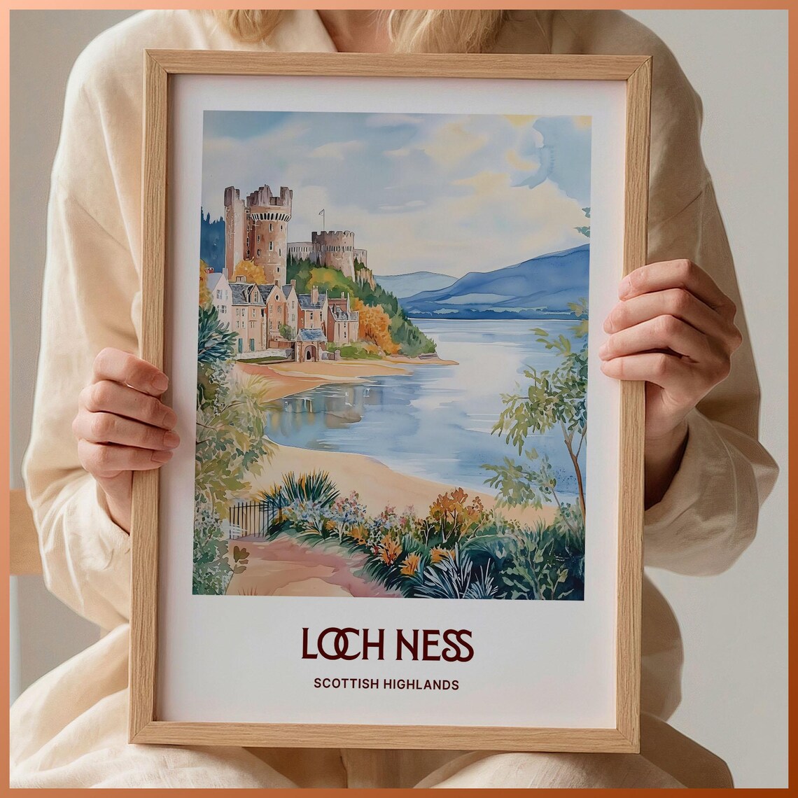 Loch Ness Urquhart Castle Watercolor Landscape Scotland Print
