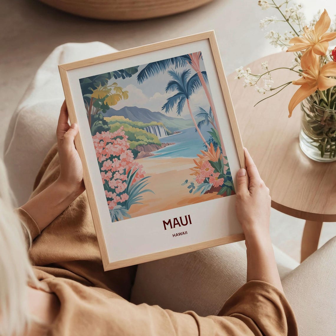 Maui Hawaii Tropical Beach Waterfall Palm Trees Oasis Art Poster - Image 5