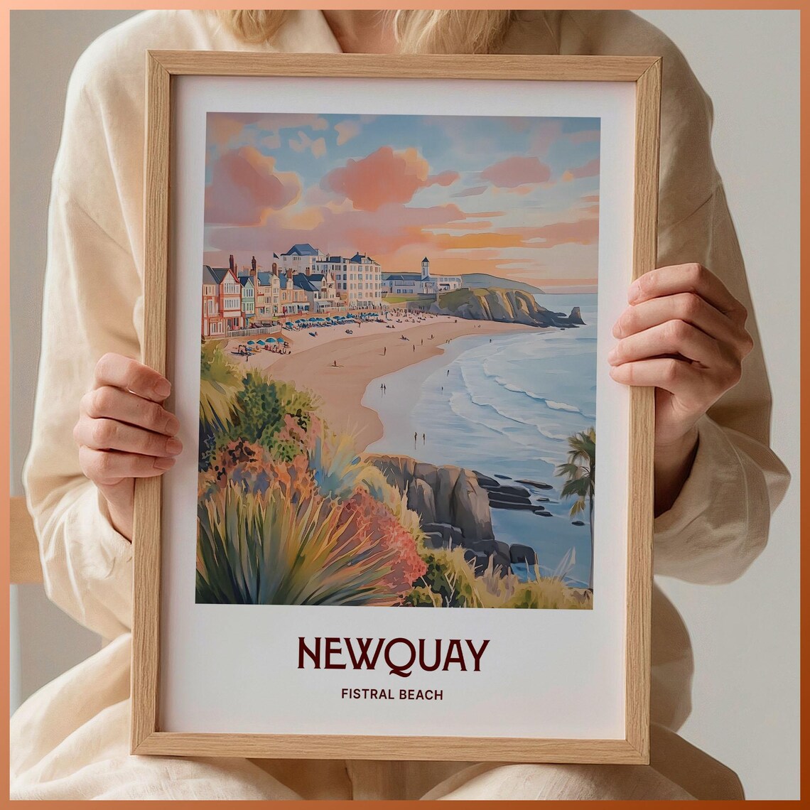 Newquay Fistral Beach Sunset Cornwall Watercolor Coastal Travel Poster