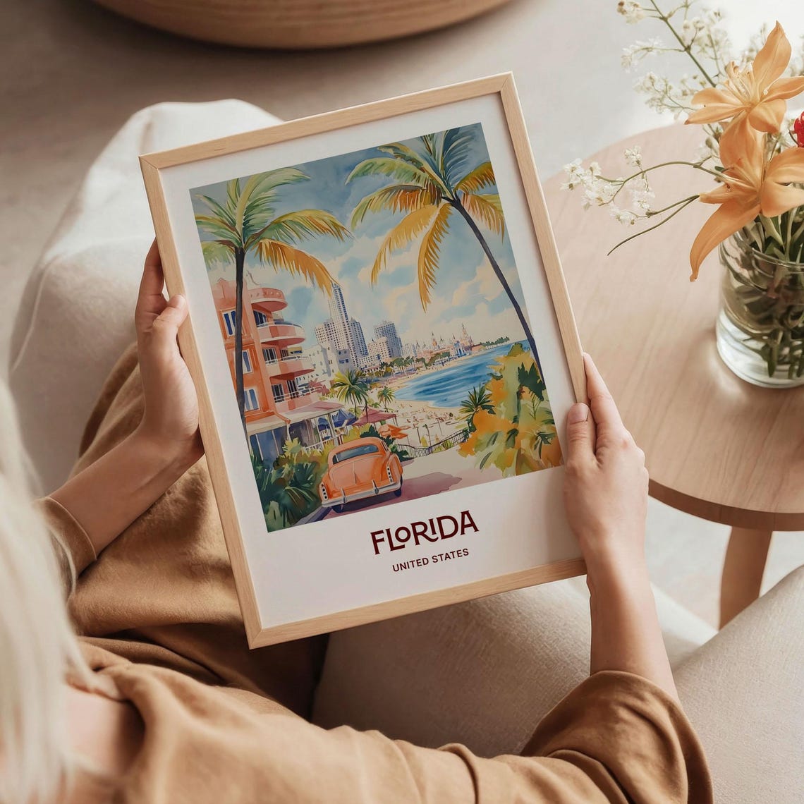 Florida Beachfront Boulevard Palm Trees Watercolor Poster Coast - Image 5