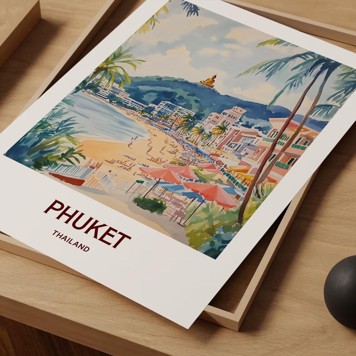 Phuket Thailand Beach Big Buddha Palm Watercolor Travel Poster - Image 2