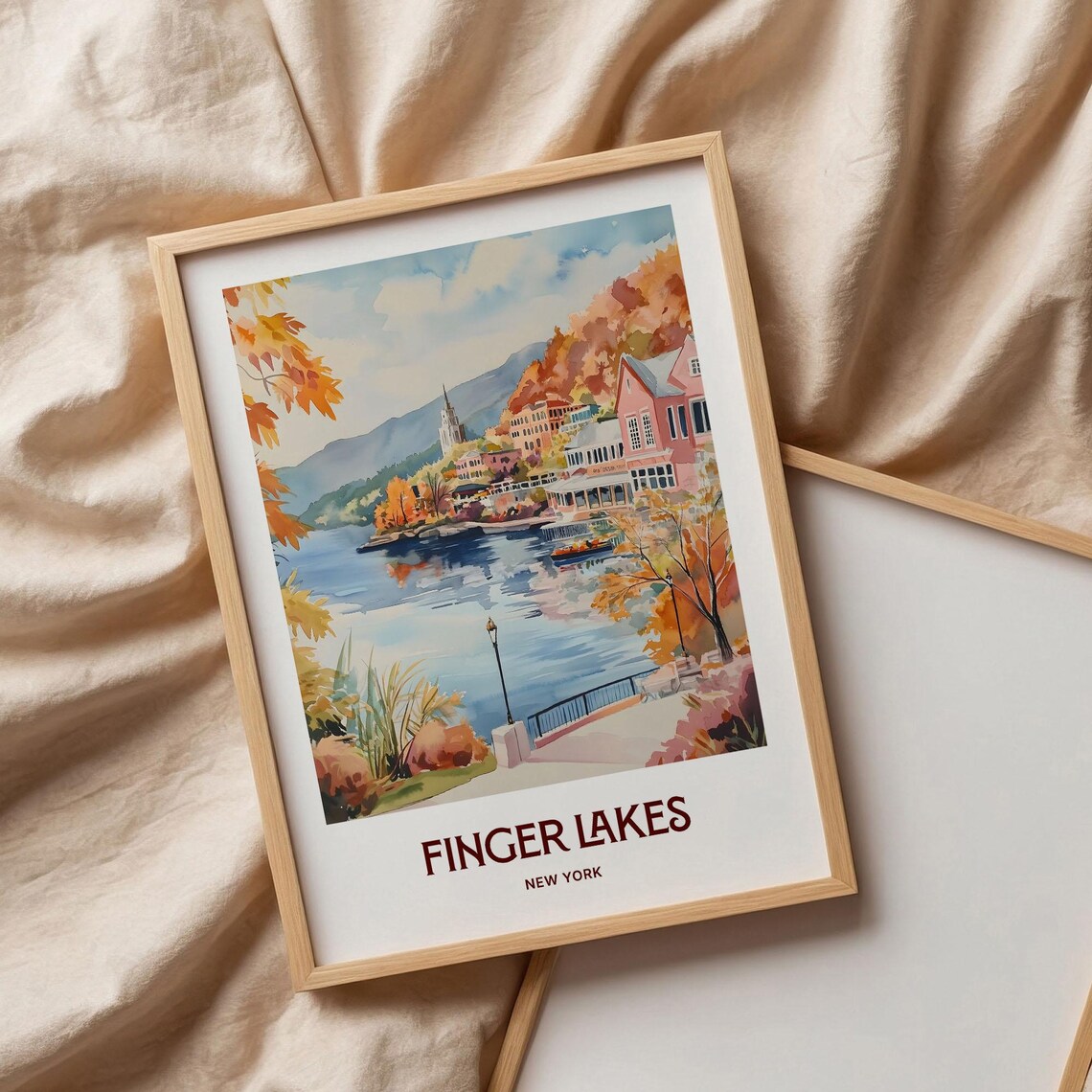 Finger Lakes Autumn Lake Town New York Watercolor Travel Poster - Image 3
