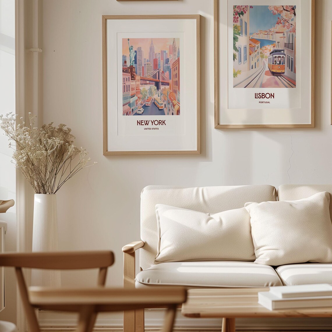 New York Skyline Brooklyn Bridge Buses Manhattan Watercolor Travel Poster - Image 4