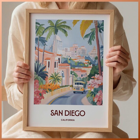 San Diego California Palm Lined Street Skyline Watercolor Travel Poster