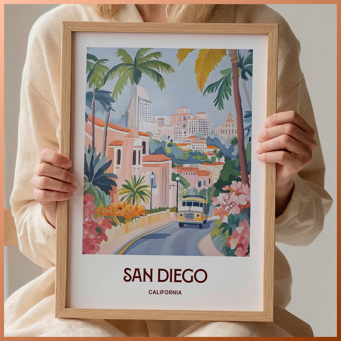 San Diego California Palm Lined Street Skyline Watercolor Travel Poster
