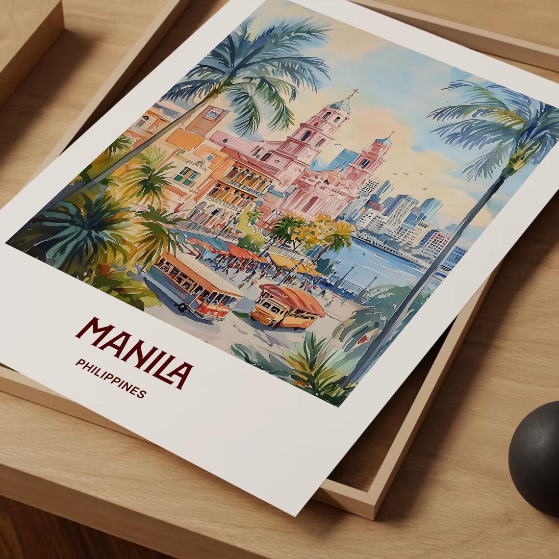 Manila Philippines Watercolor Waterfront Cathedral Scene Poster - Image 2