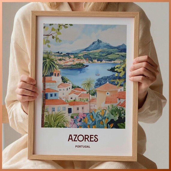 Azores Portugal Pastel Volcanic Peak Harbor Sailboats Art Poster