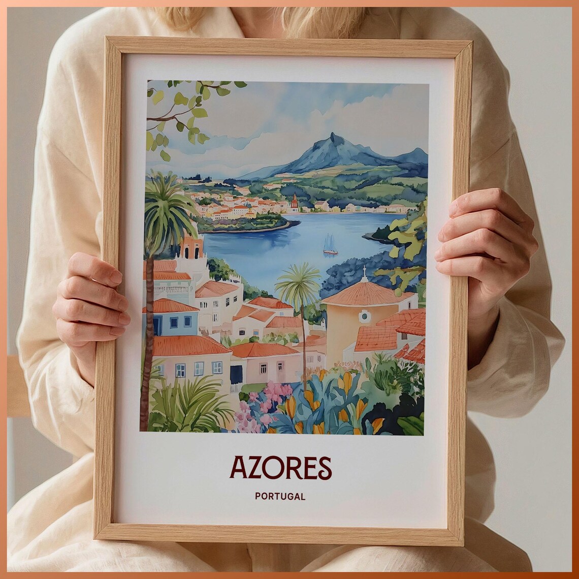 Azores Travel Print Minimalist Wall Art Portugal Cityscape Decor Pastel Art Unique Gift For Art Lovers Retro Travel Poster C35 178