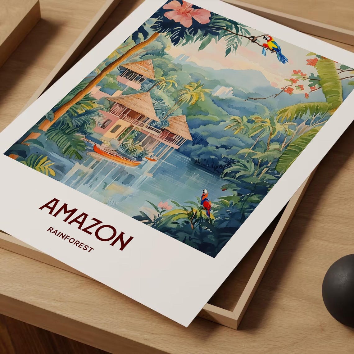 Amazon Rainforest River Stilt Huts Parrots Watercolor Travel Poster - Image 2
