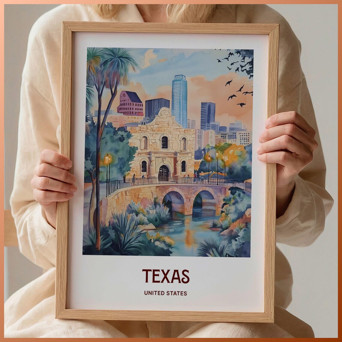 Texas Alamo Mission Bridge Downtown Skyline Watercolor Travel Poster