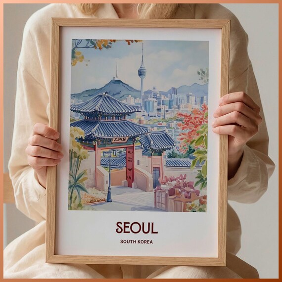 Seoul South Korea Temple Gate Tower Watercolor Travel Poster