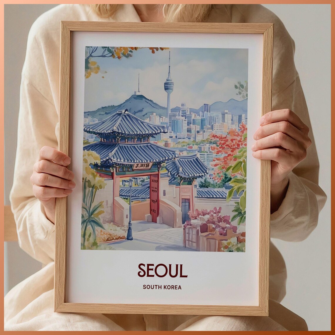 Seoul South Korea Temple Gate Tower Watercolor Travel Poster