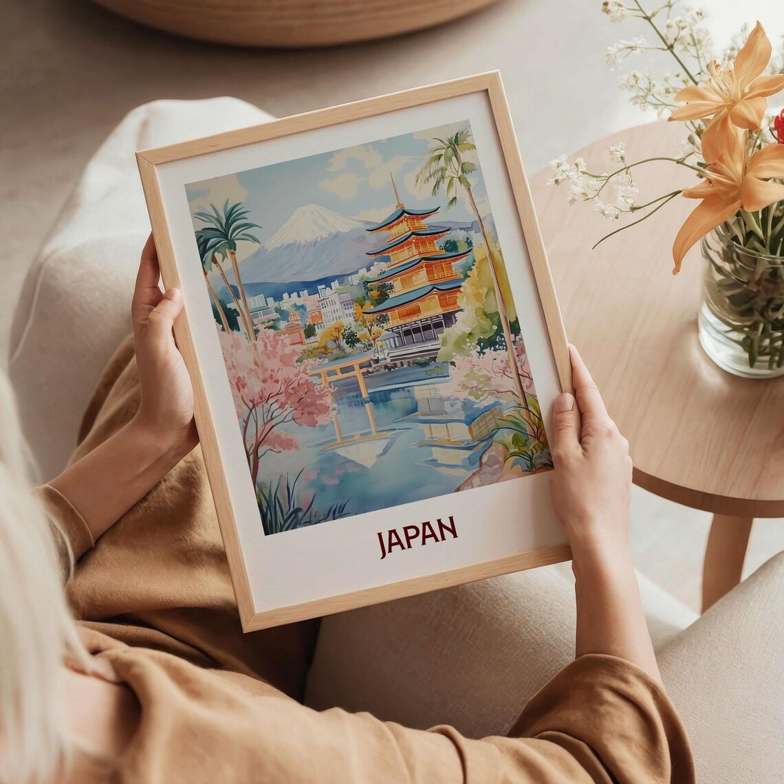 Japan Watercolor Mount Fuji Golden Pagoda Cherry Blossom Poster - Image 5