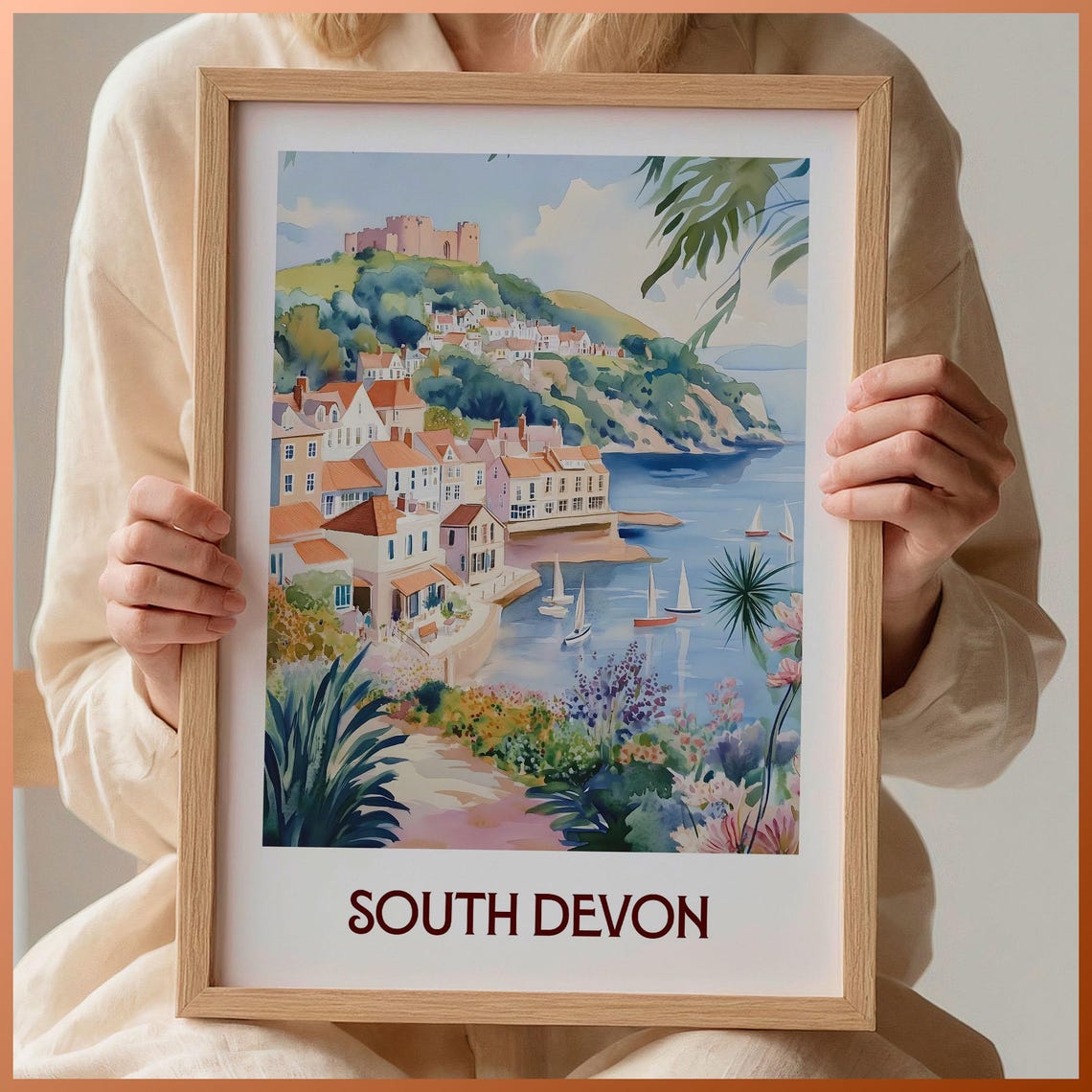 South Devon England Watercolor Harbor Castle Coast Town Poster