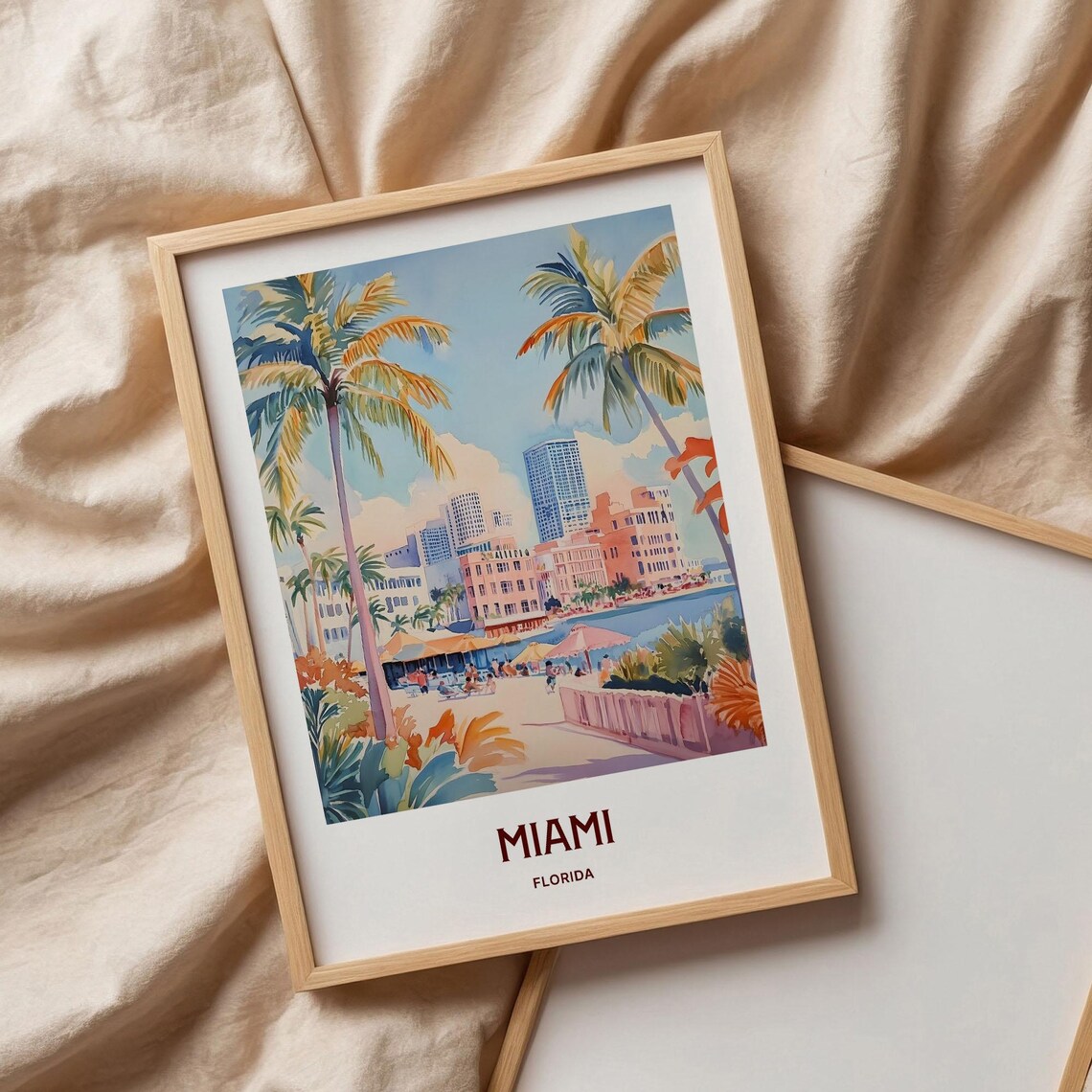 Miami Florida Beach Palm Trees Skyline Watercolor Travel Poster - Image 3