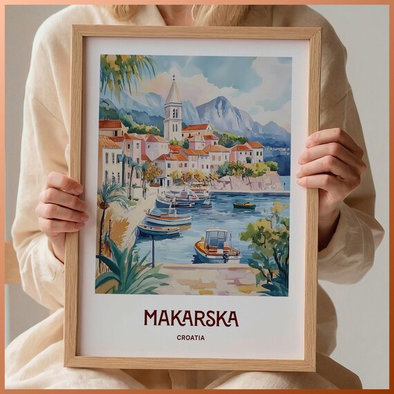 Makarska Croatia Harbor Boats Old Town Watercolor Travel Poster