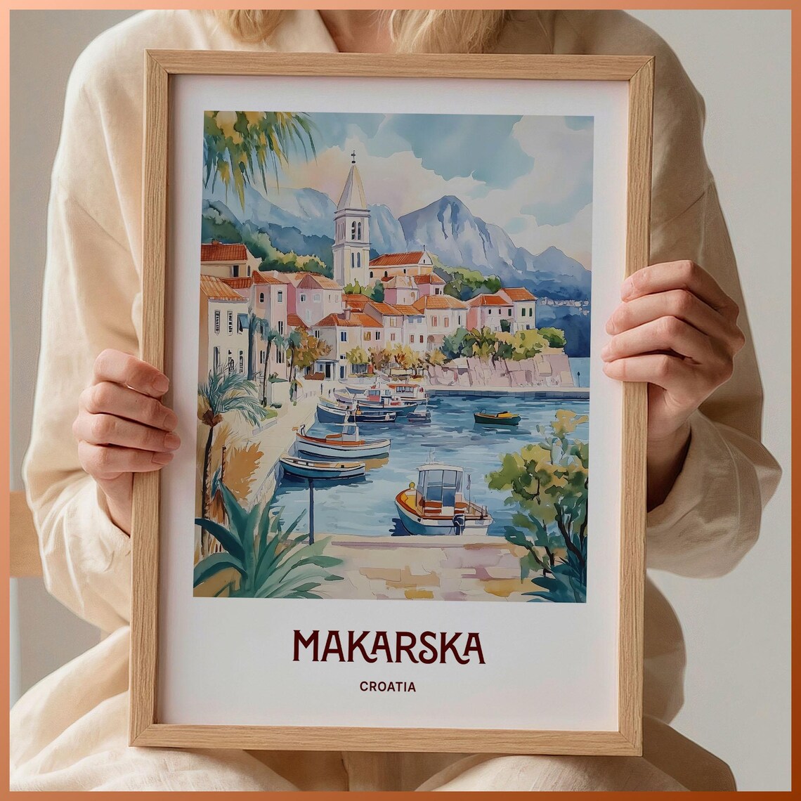 Makarska Croatia Harbor Boats Old Town Watercolor Travel Poster