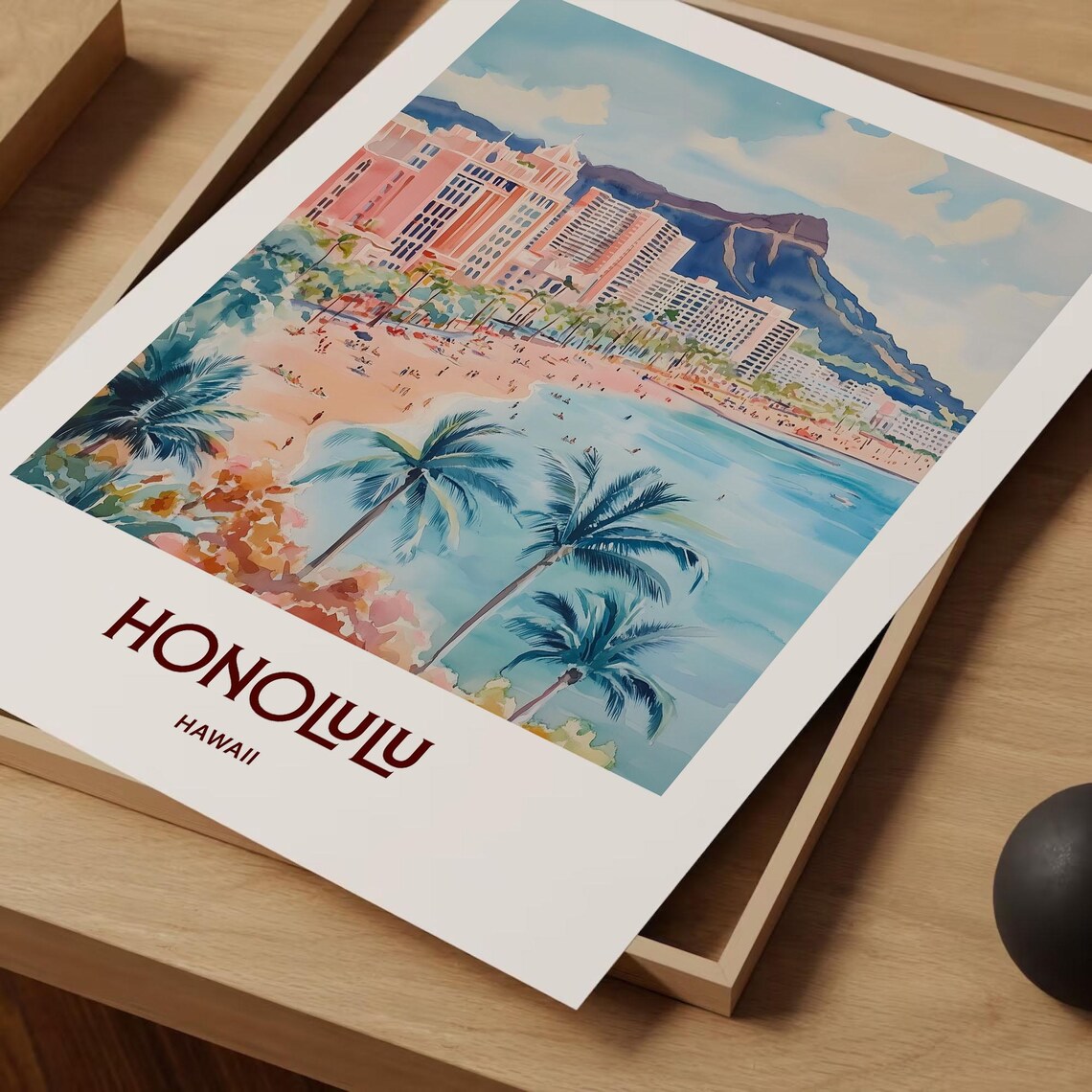 Honolulu Hawaii Waikiki Diamond Head Beach Watercolor Travel Poster - Image 2