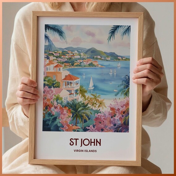 St John Virgin Islands Tropical Bay Sailboats Watercolor Travel Poster