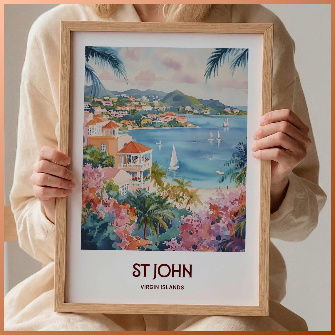 St John Virgin Islands Tropical Bay Sailboats Watercolor Travel Poster