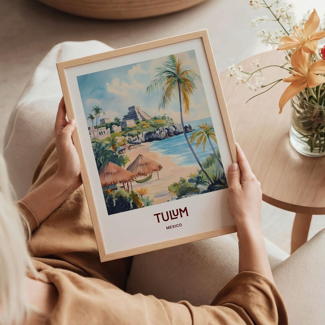 Tulum Mexico Maya Ruins Beach Palms Watercolor Travel Poster - Image 5