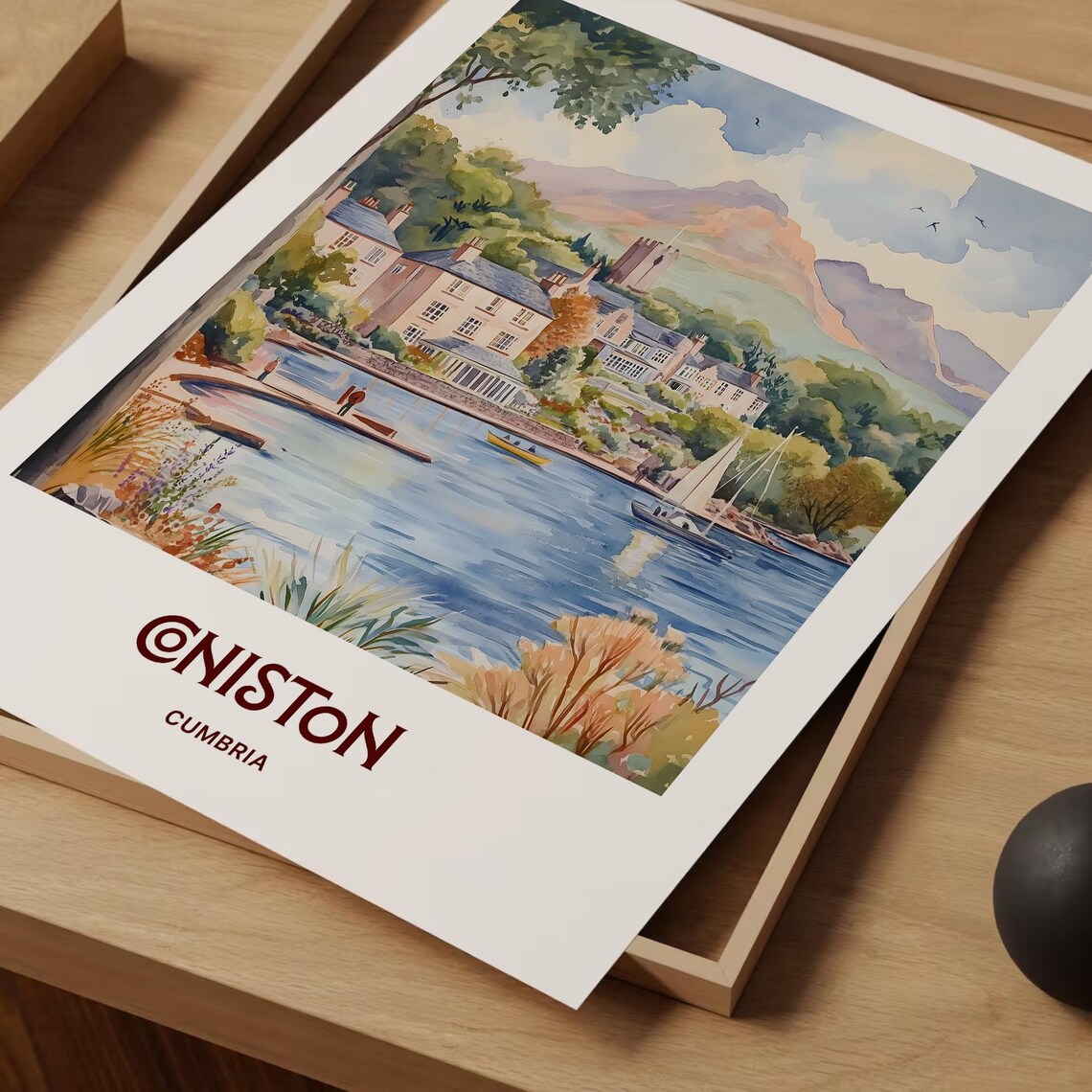 Coniston Cumbria Lake District Sailboat Watercolor Travel Poster Fells - Image 2