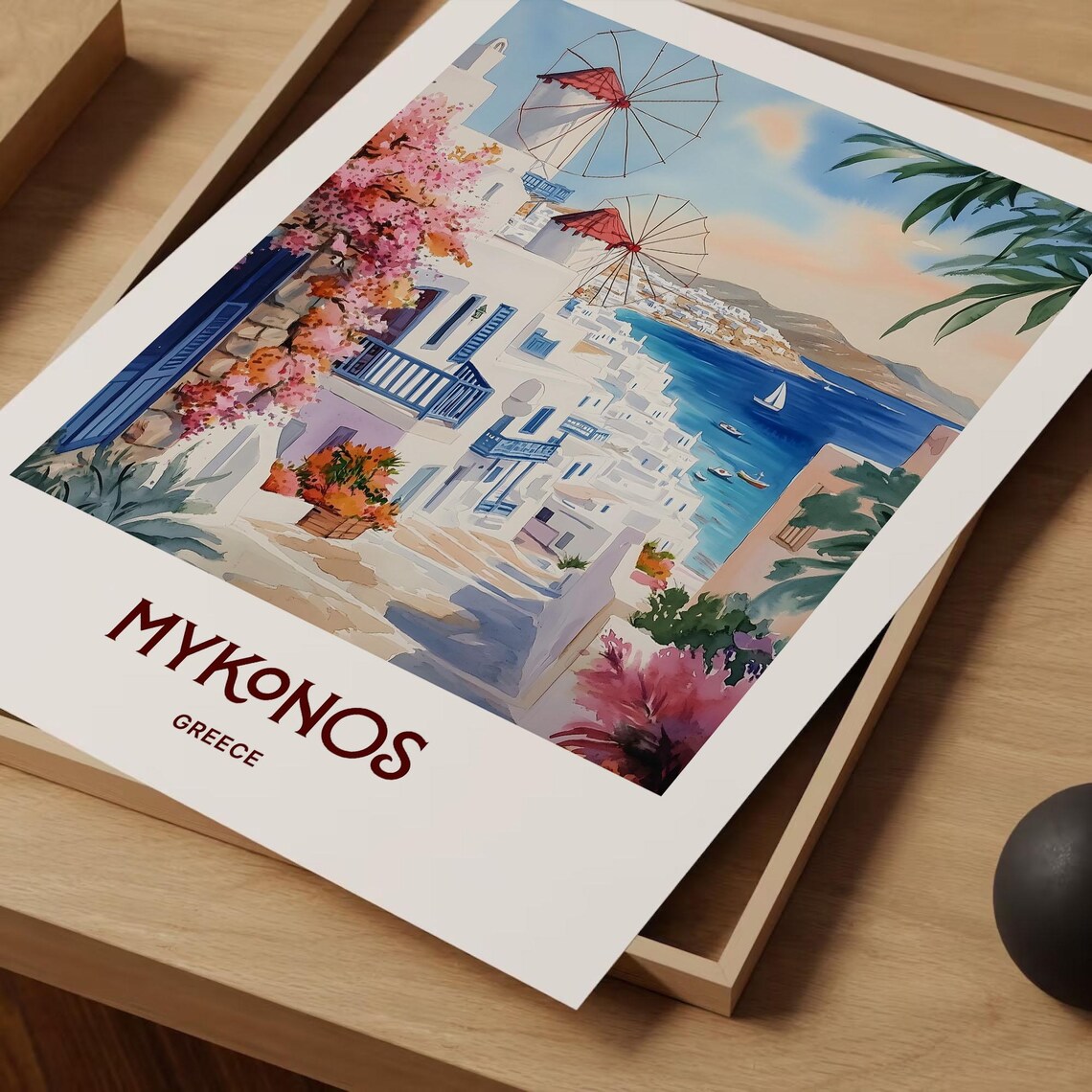 Mykonos Greece Windmills Whitewashed Town Watercolor Island Travel Poster - Image 2