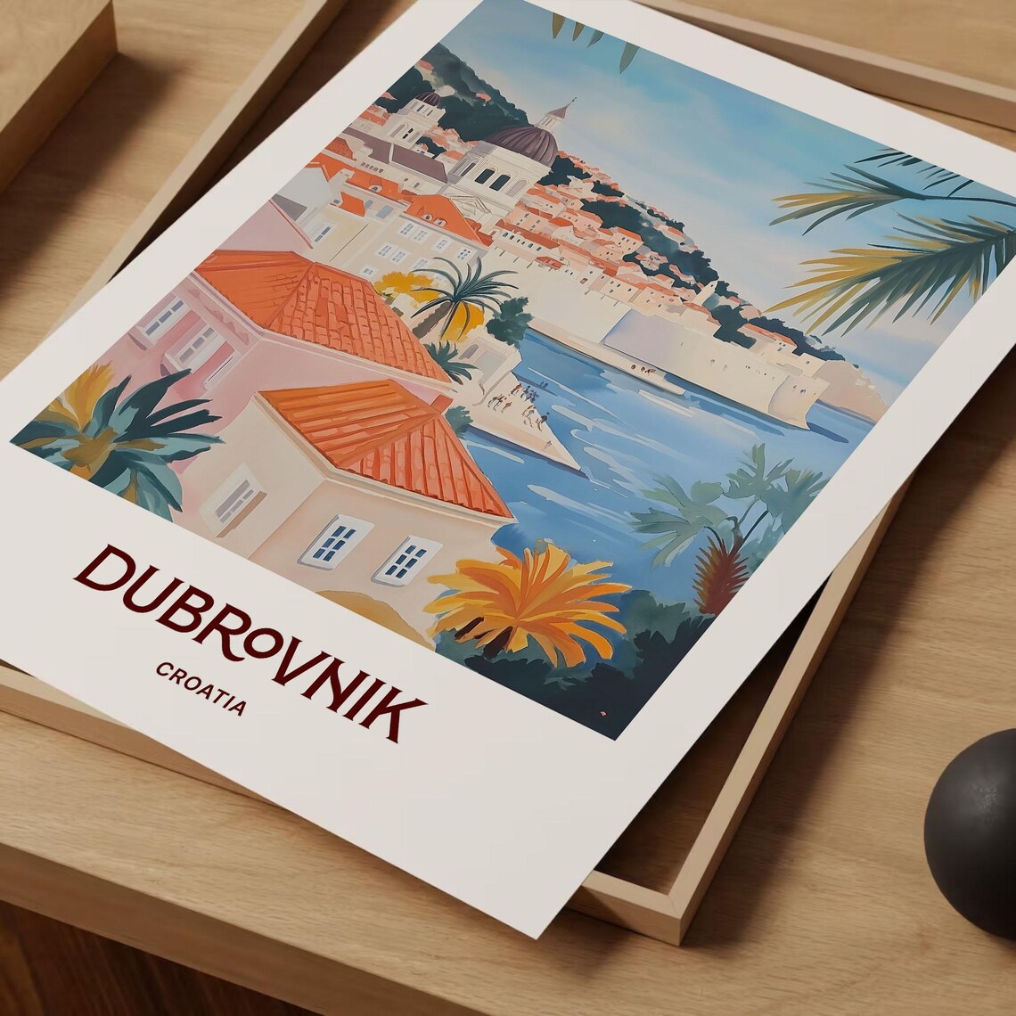Dubrovnik Croatia Rooftops Cathedral Dome Adriatic Sea Watercolor Travel Poster - Image 2