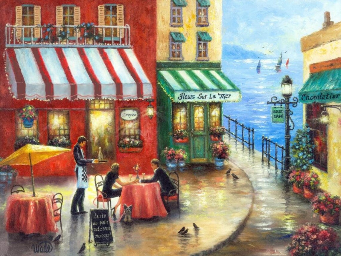 French Cafe by the Sea, French Riviera Art Print