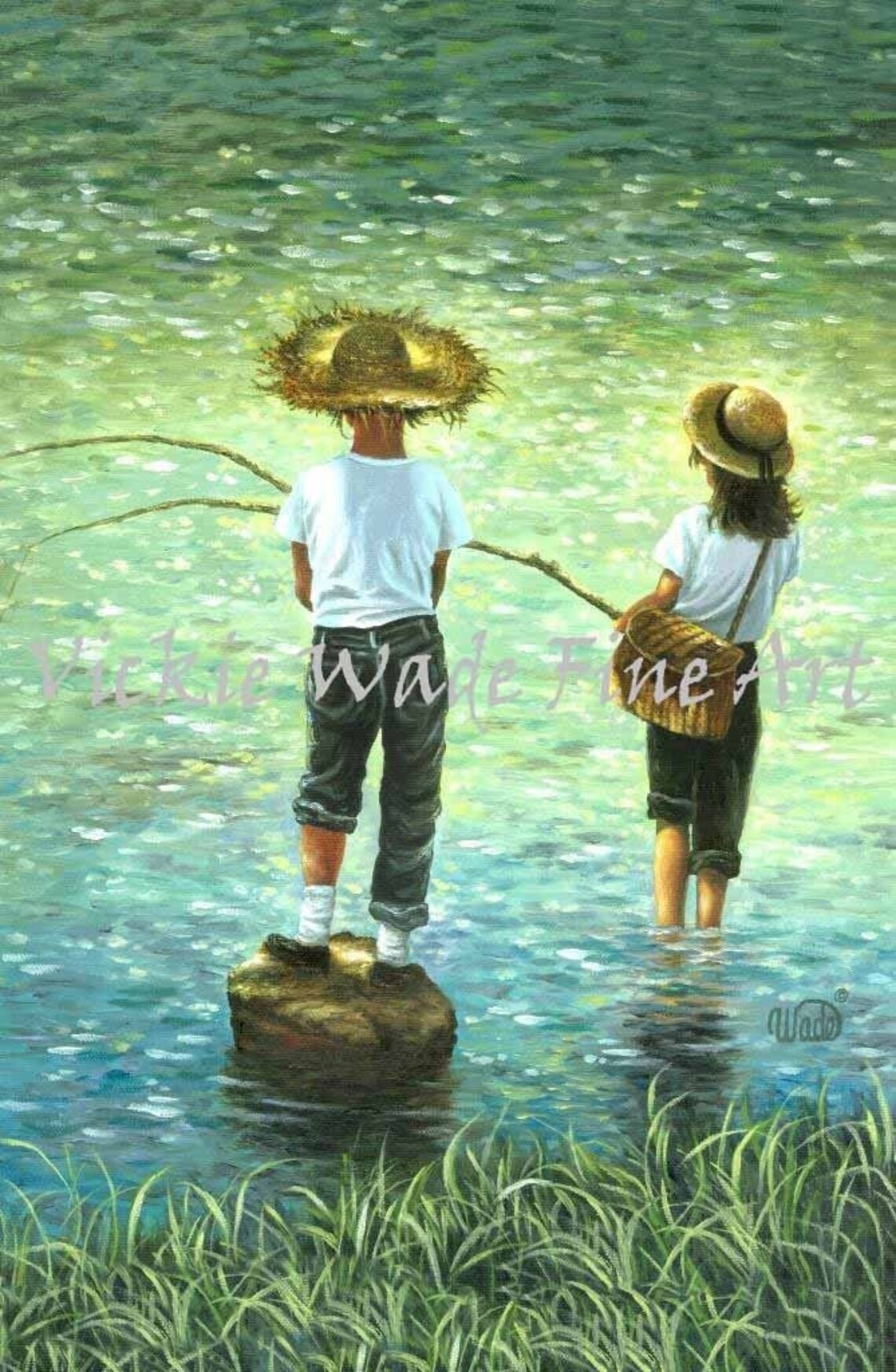 Brother and Sister Fishing Together in a Sparkling Stream Poster