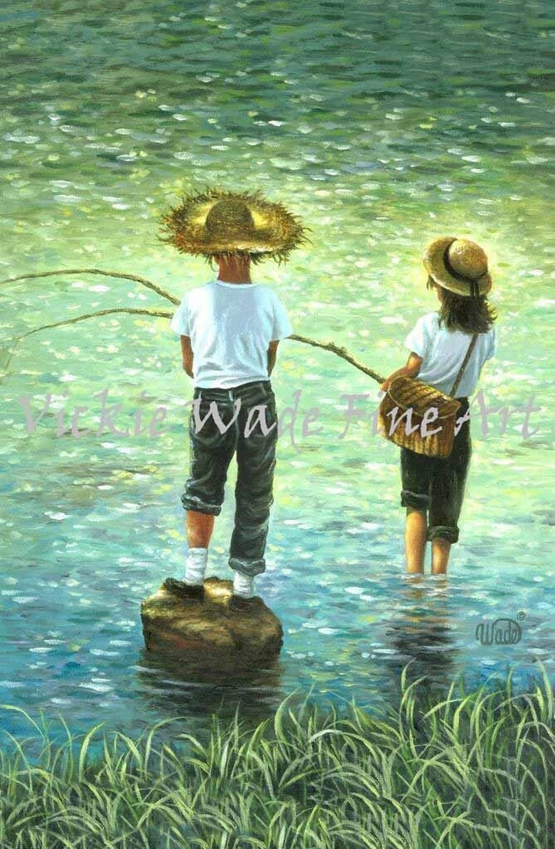 Fishing Art Print Boy And Girl Fishing Wall Art Brother Sister Fishing Childrens Wall Art Country Kids Blue Green Vickie Wade Art
