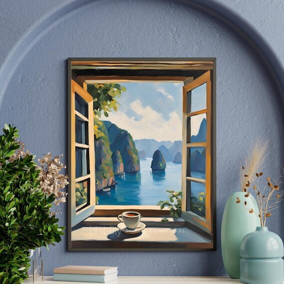 Vietnam Ha Long Bay Window Coffee Karst Seascape Painting Poster