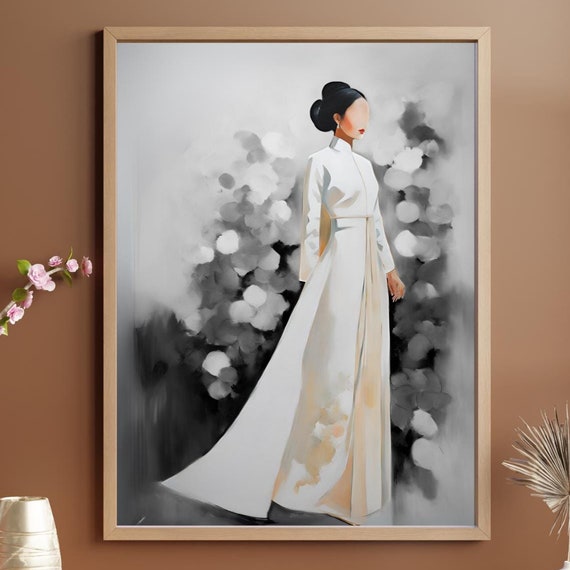 Vietnamese Ao Dai Modern Black And White Geometric Vertical Poster Vietnam Traditional Dress Decor Gift Wedding Viet