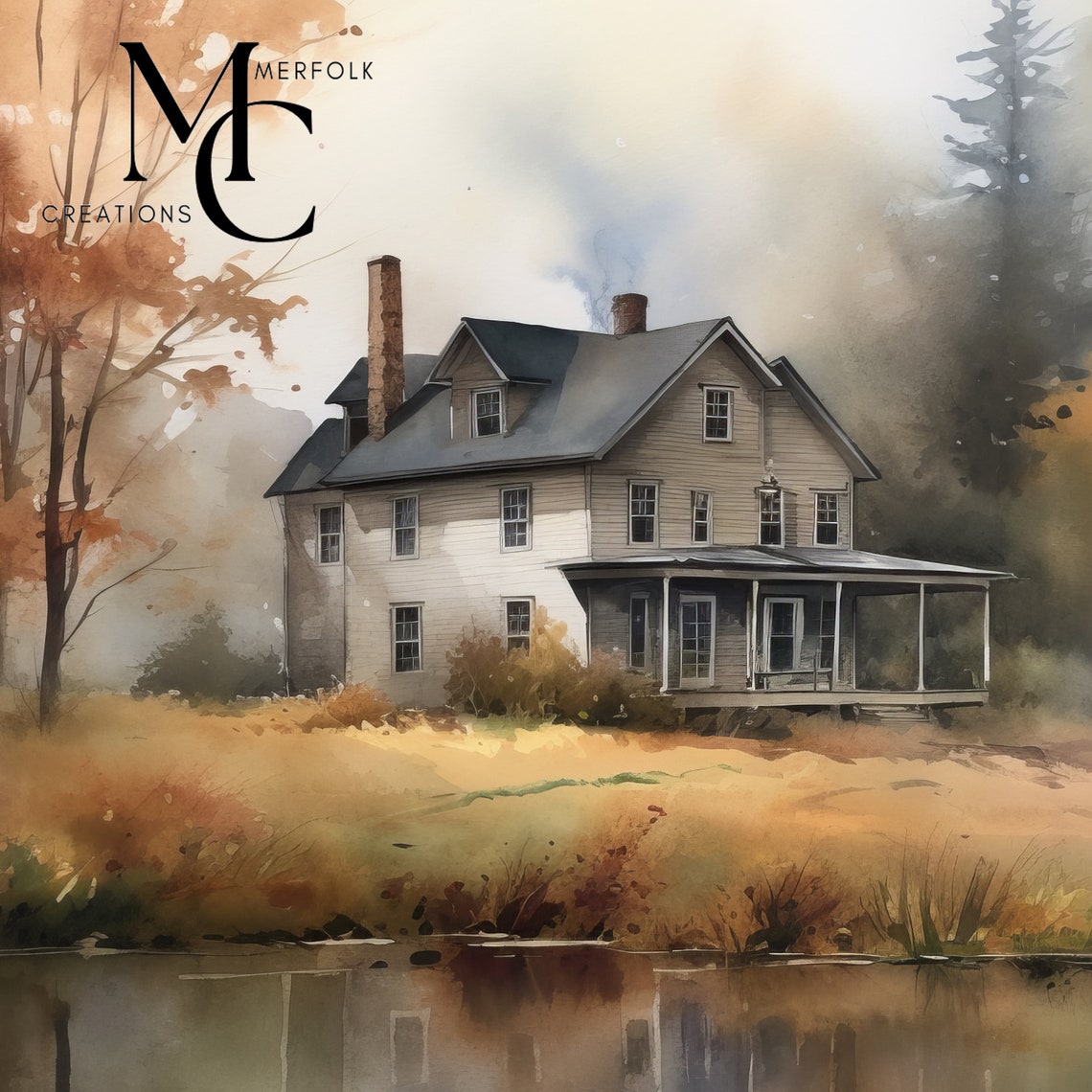 Farmhouse by a Still Lake in Autumn Watercolor Landscape Poster - Image 3