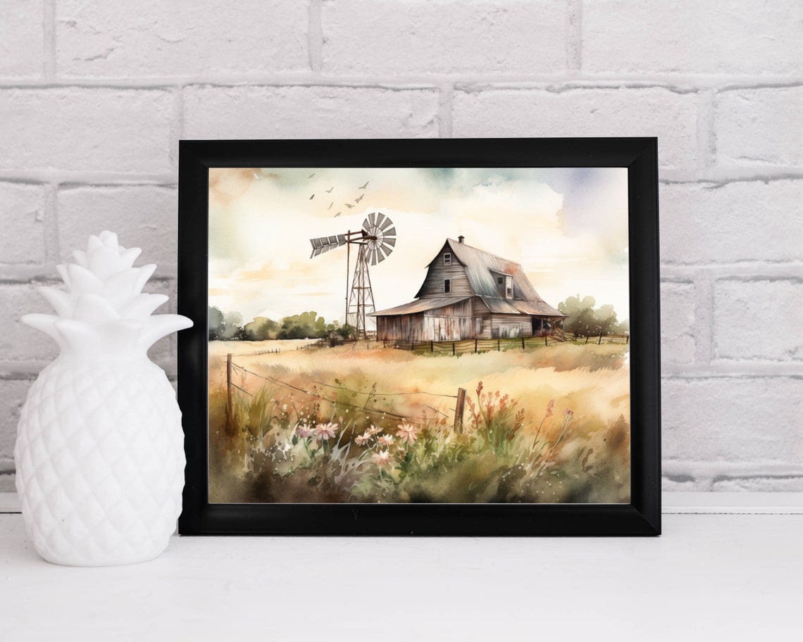 Rustic Windmill Beside a Weathered Wooden Barn Watercolor Art Poster - Image 2