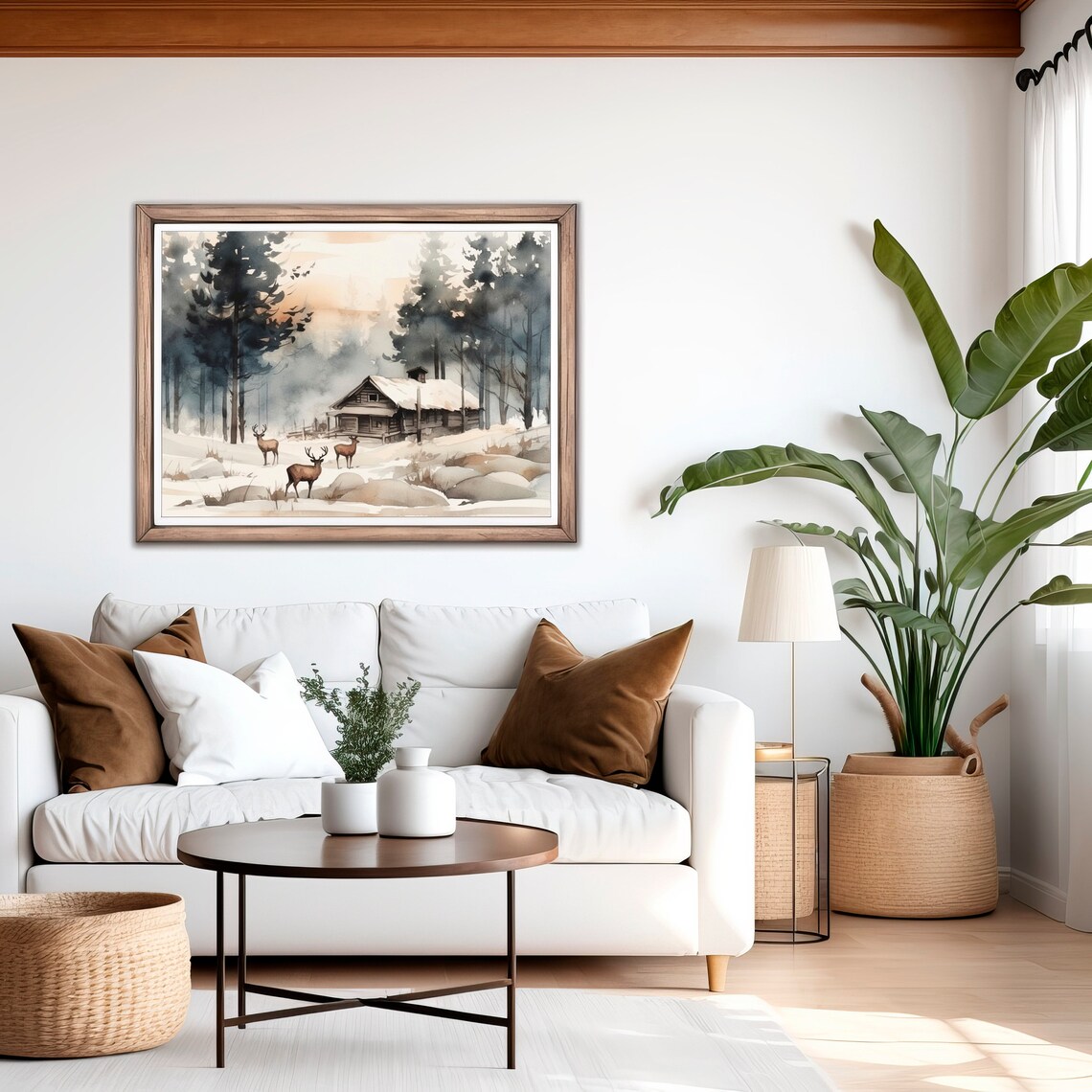Watercolor Winter Cabin With Deer In Snowy Pine Forest Landscape Poster - Image 2