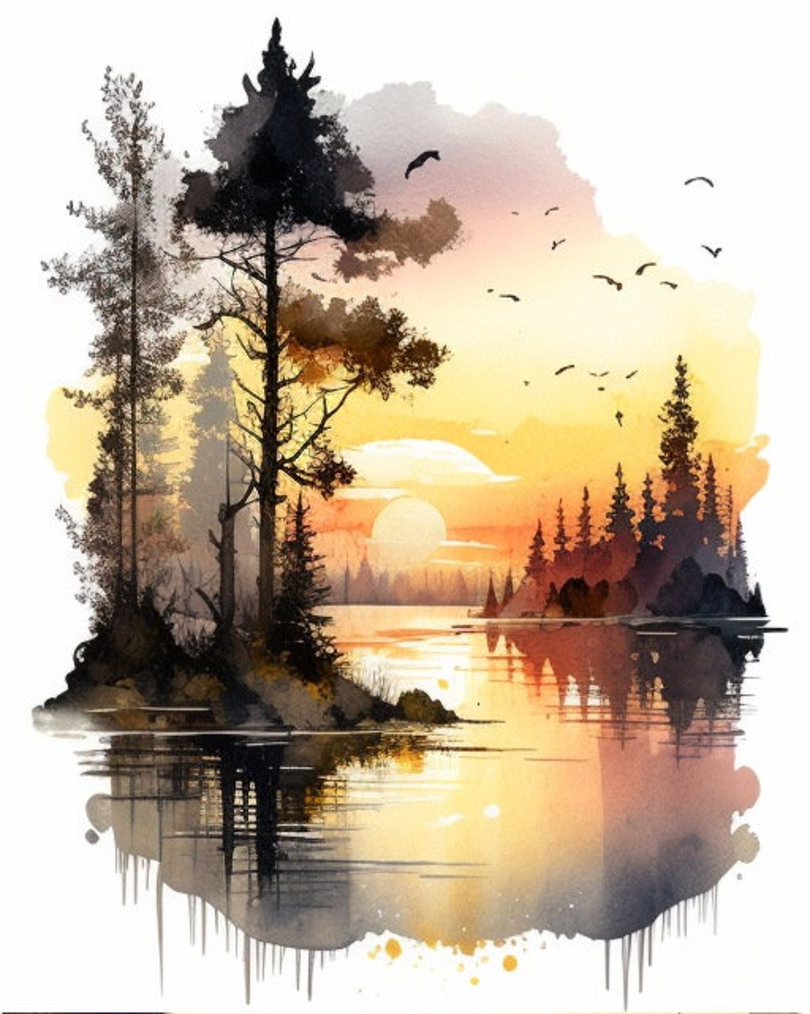 Sunset River with Pines and Birds Watercolor Landscape Poster - Image 2
