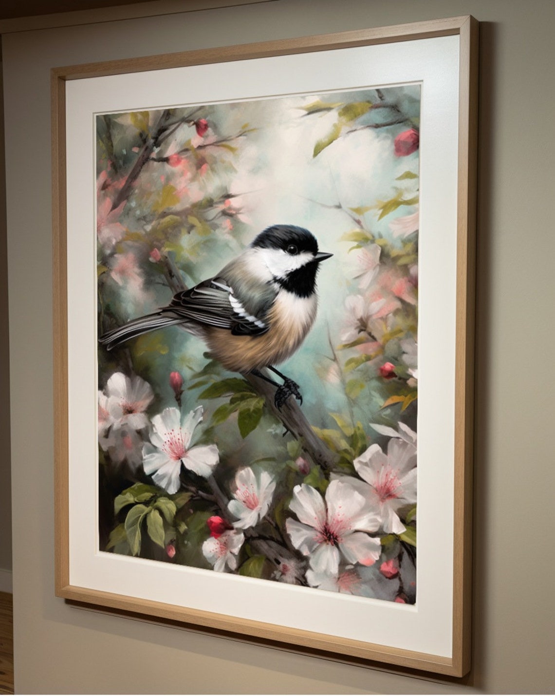 Chickadee Resting in Blooming White Branches Classic Bird Art Poster - Image 2