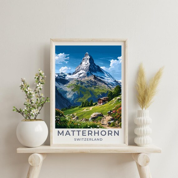 Matterhorn Vintage Style Travel Poster, Swiss Alps