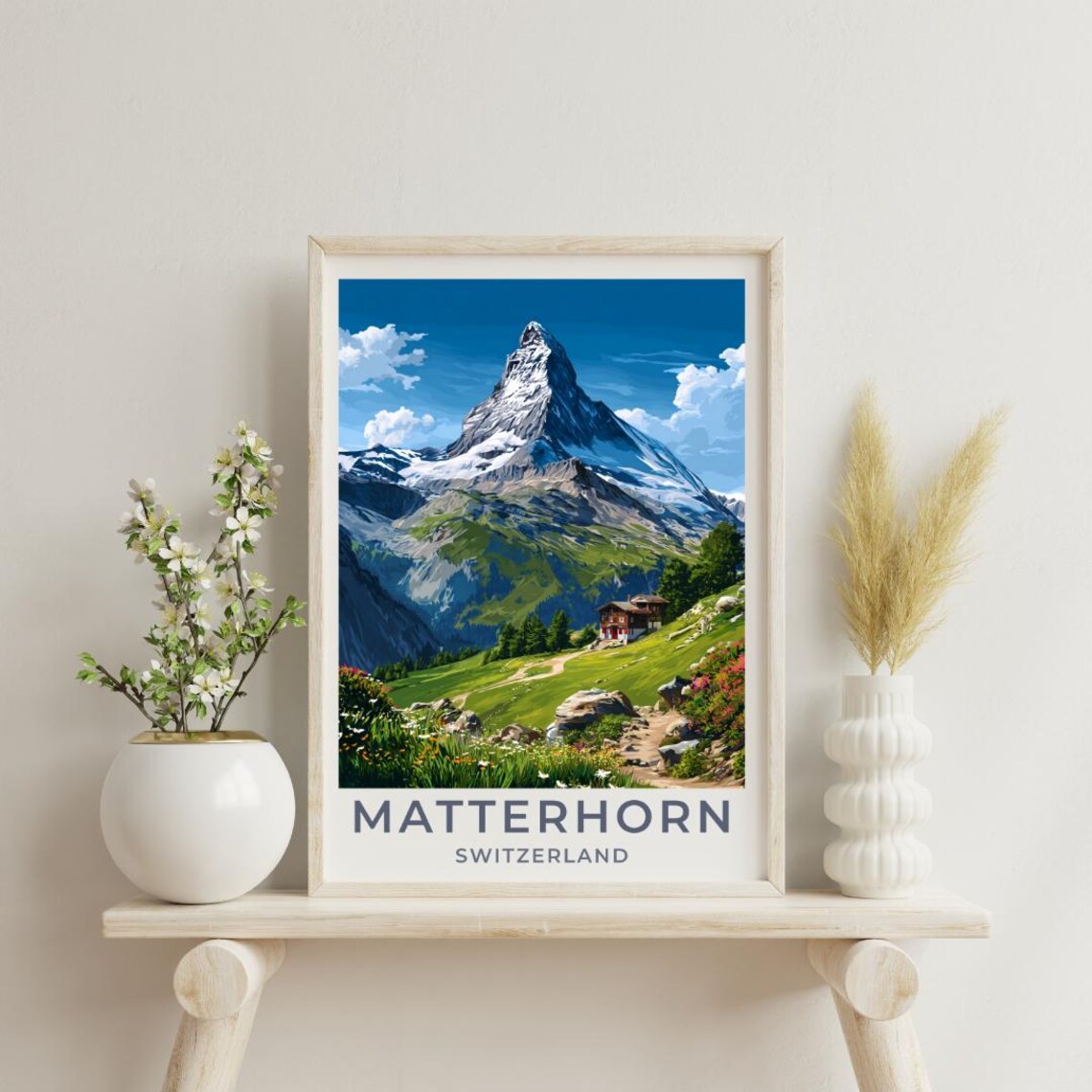 Matterhorn Vintage Style Travel Poster, Swiss Alps