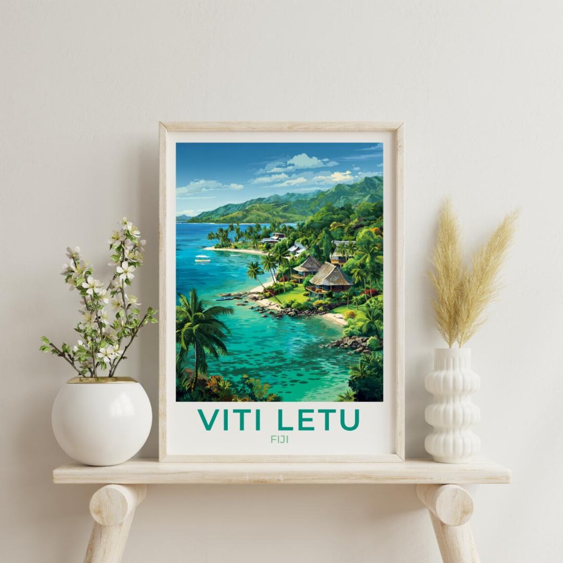 Fiji Vintage Travel Poster Turquoise Bay Palm Trees Tropical Island View